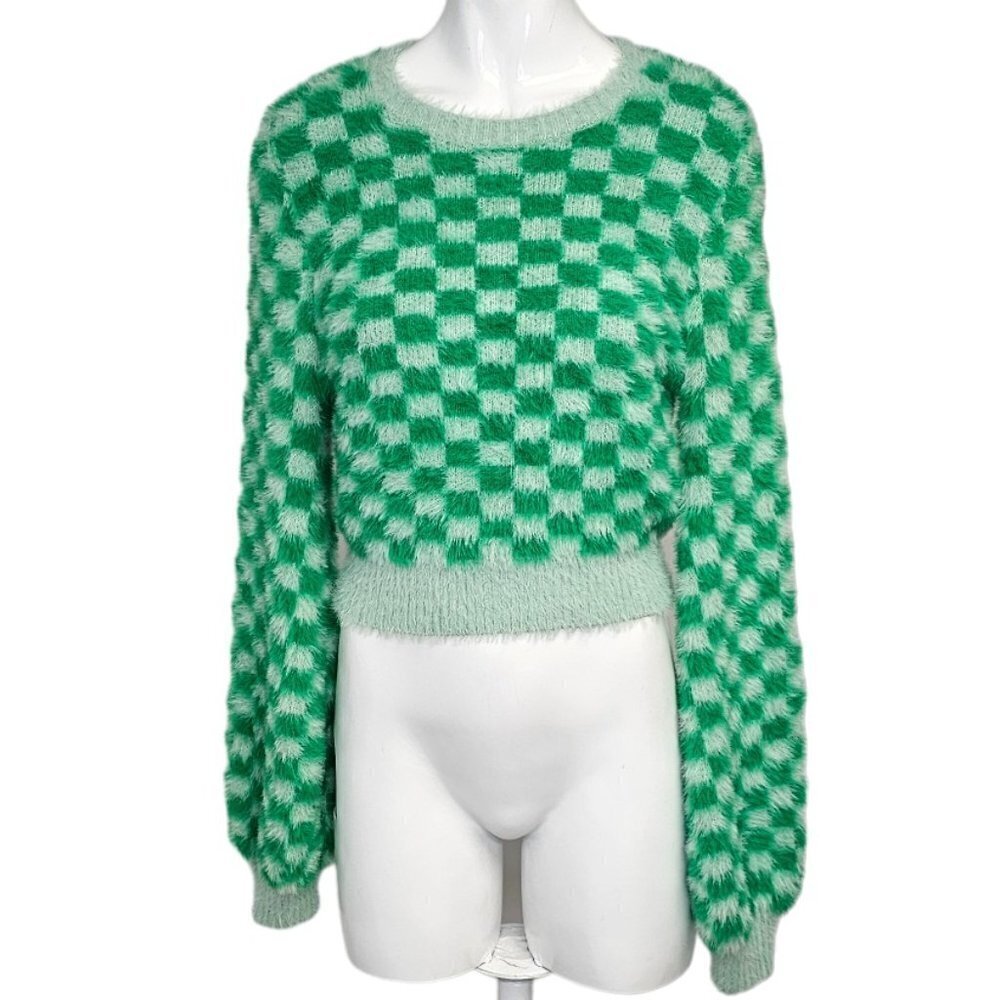 Zara Womens  Fluffy Soft Checkered Crew Neck Crop Puff Sleeve Top Size Small